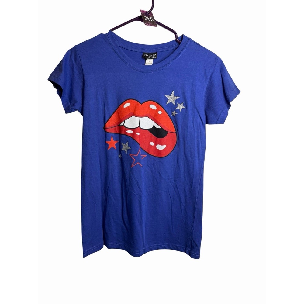popular sports blue short sleeve shirt red lips teeth size large